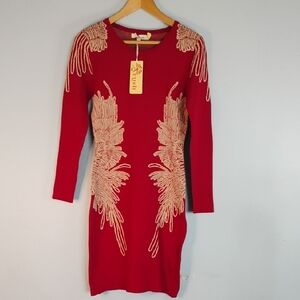 NWT Aryeh Red Bodycon Form Fitting Long Sleeve Dress with Tan Detailing Size S